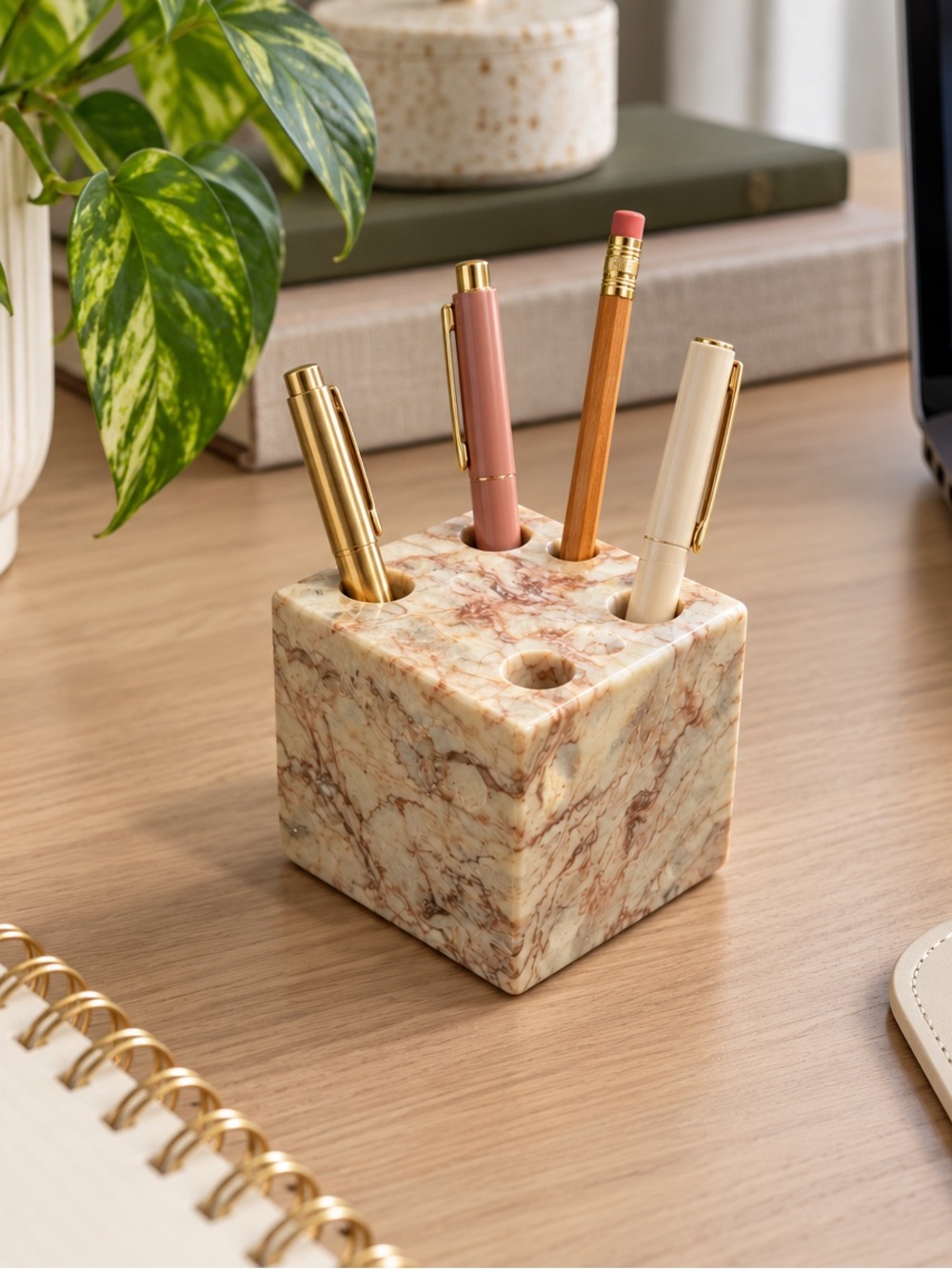 Vintage Marble Stone Die Dice Pencil / Pen Holder 2.75 X 2.75x 2.75"